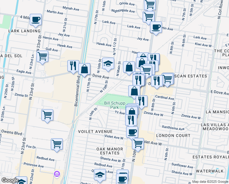 map of restaurants, bars, coffee shops, grocery stores, and more near 1312 Bluebird Avenue in McAllen