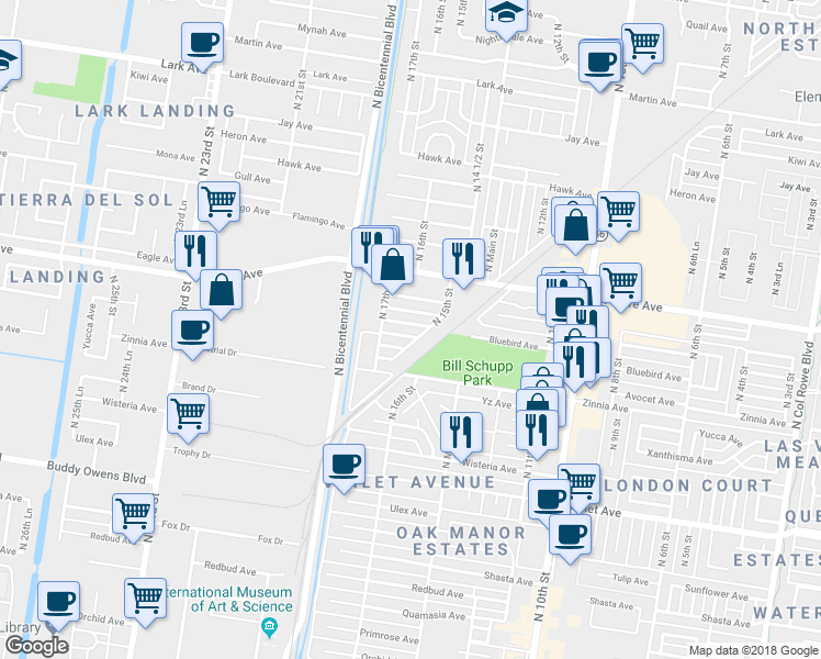 map of restaurants, bars, coffee shops, grocery stores, and more near 1504 Bluebird Avenue in McAllen