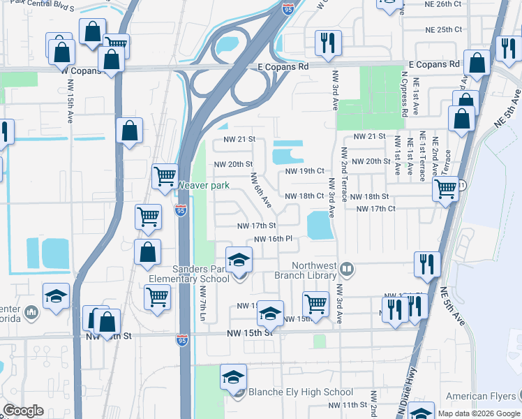 map of restaurants, bars, coffee shops, grocery stores, and more near 1833 Northwest 6th Avenue in Pompano Beach