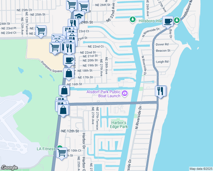 map of restaurants, bars, coffee shops, grocery stores, and more near 1600 Northeast 28th Avenue in Pompano Beach