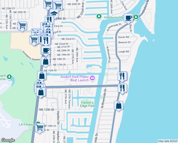 map of restaurants, bars, coffee shops, grocery stores, and more near 2850 Northeast 16th Street in Pompano Beach