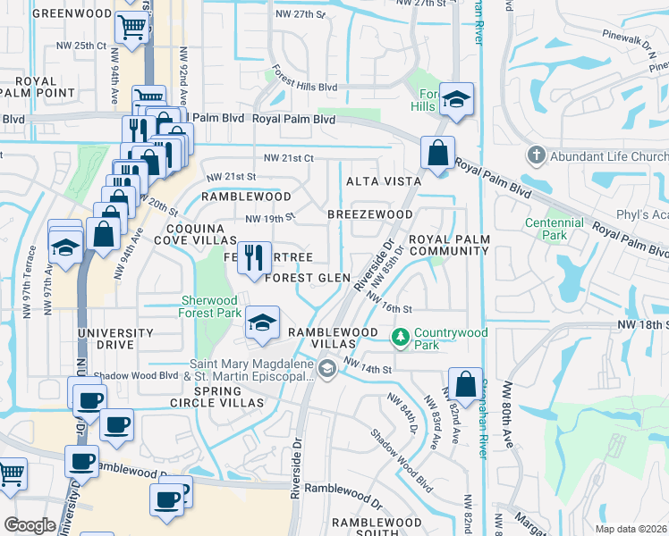map of restaurants, bars, coffee shops, grocery stores, and more near 1795 Northwest 88th Way in Coral Springs