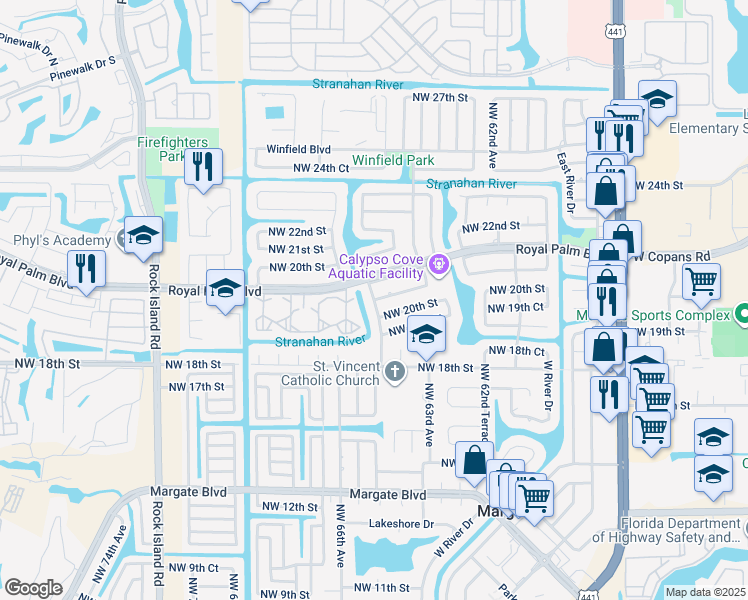 map of restaurants, bars, coffee shops, grocery stores, and more near 2095 Northwest 65th Avenue in Margate