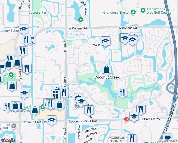 map of restaurants, bars, coffee shops, grocery stores, and more near 3000 Portofino Isle in Coconut Creek