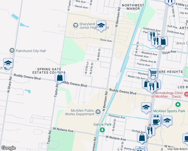 map of restaurants, bars, coffee shops, grocery stores, and more near 4600 Violet Avenue in McAllen