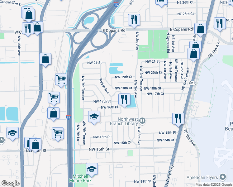 map of restaurants, bars, coffee shops, grocery stores, and more near 521 Northwest 18th Street in Pompano Beach