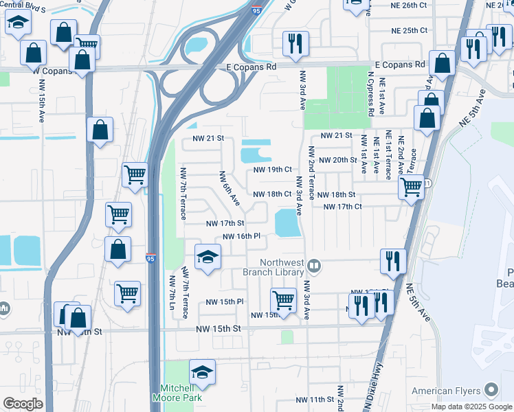 map of restaurants, bars, coffee shops, grocery stores, and more near 521 Northwest 18th Street in Pompano Beach