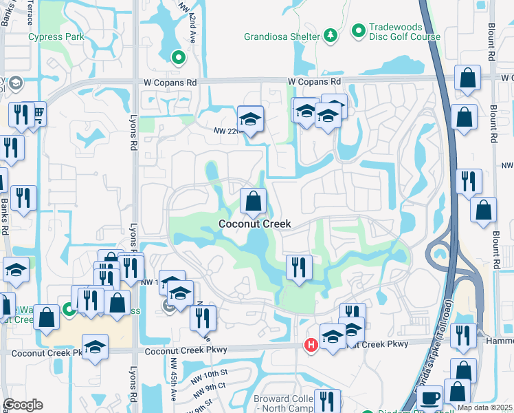 map of restaurants, bars, coffee shops, grocery stores, and more near 3201 Portofino Point in Coconut Creek