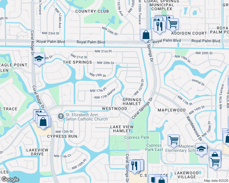 map of restaurants, bars, coffee shops, grocery stores, and more near 10875 Northwest 17th Manor in Coral Springs
