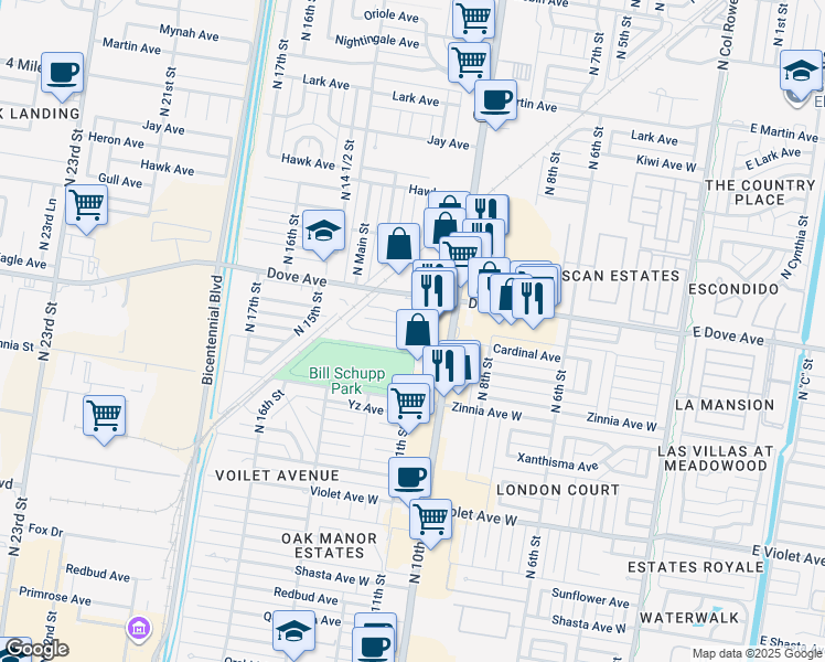 map of restaurants, bars, coffee shops, grocery stores, and more near 1102 East Cardinal Avenue in McAllen