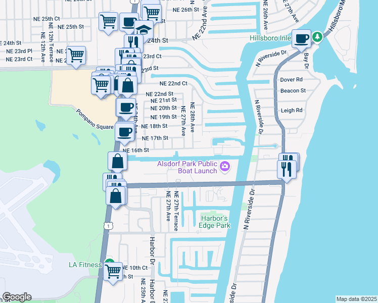 map of restaurants, bars, coffee shops, grocery stores, and more near 1600 Northeast 28th Avenue in Pompano Beach