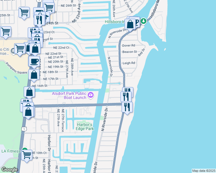 map of restaurants, bars, coffee shops, grocery stores, and more near 1609 North Riverside Drive in Pompano Beach