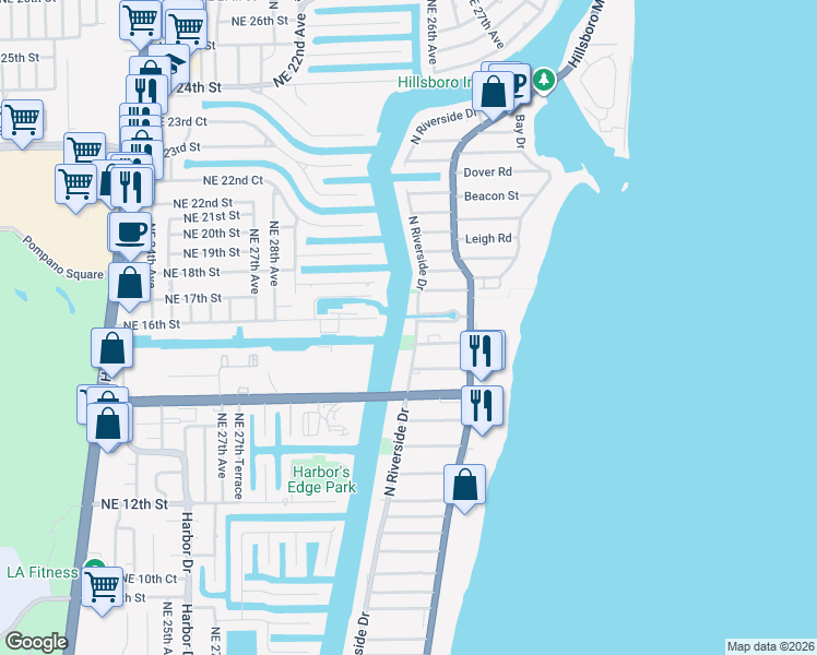 map of restaurants, bars, coffee shops, grocery stores, and more near 1609 North Riverside Drive in Pompano Beach