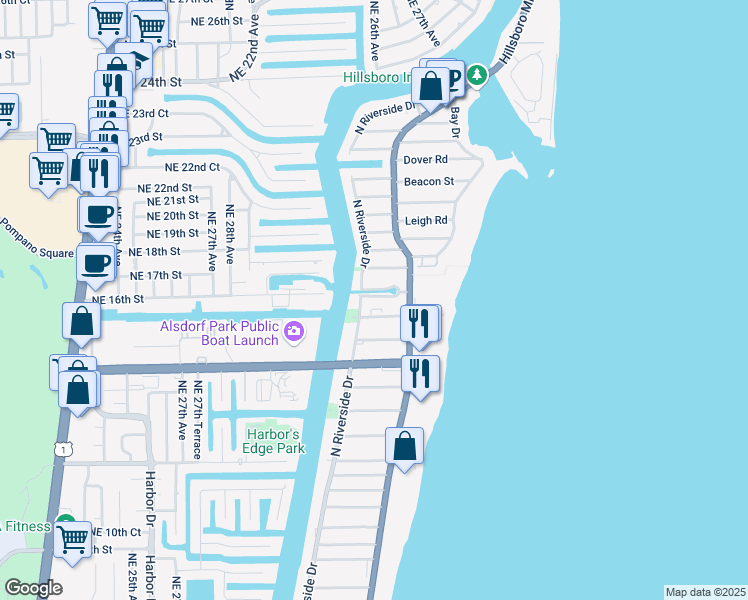 map of restaurants, bars, coffee shops, grocery stores, and more near 3210 Canal Drive in Pompano Beach