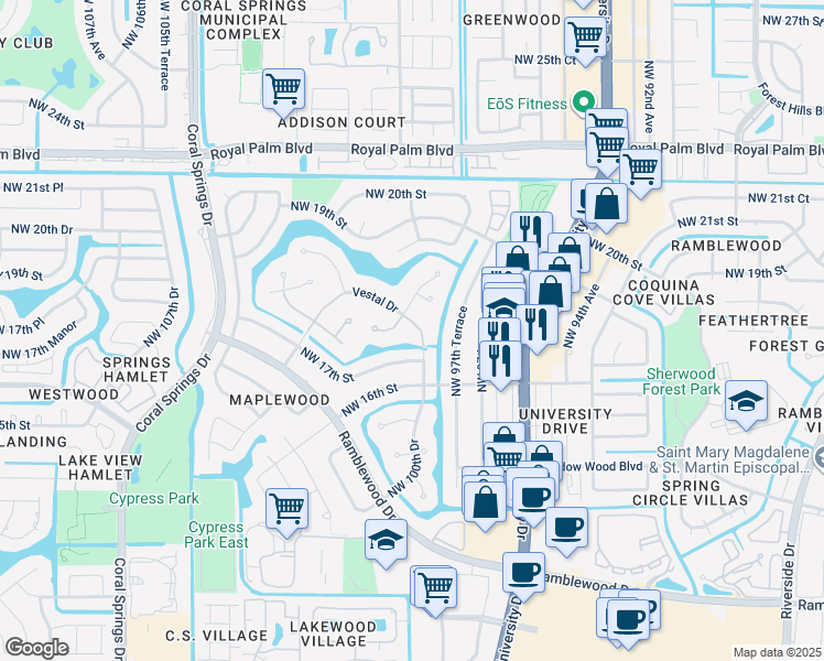 map of restaurants, bars, coffee shops, grocery stores, and more near 1704 Vestal Drive in Coral Springs