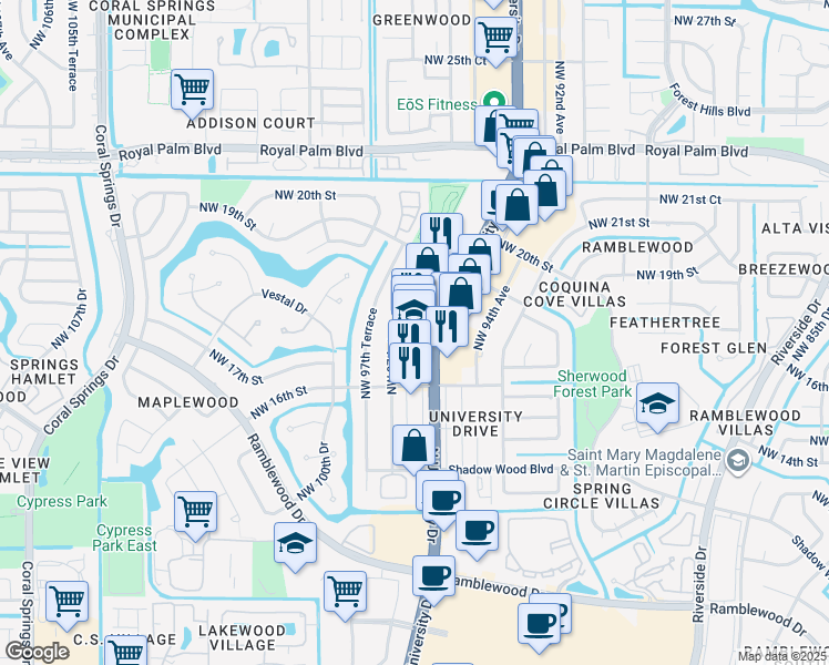 map of restaurants, bars, coffee shops, grocery stores, and more near 1750 North University Drive in Coral Springs