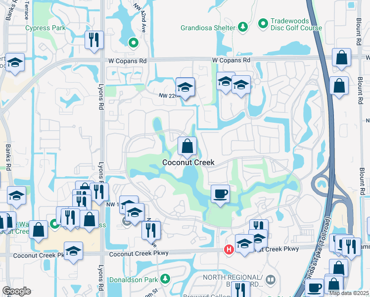 map of restaurants, bars, coffee shops, grocery stores, and more near 3201 Portofino Point in Coconut Creek