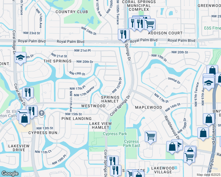 map of restaurants, bars, coffee shops, grocery stores, and more near 10722 Northwest 17th Manor in Coral Springs