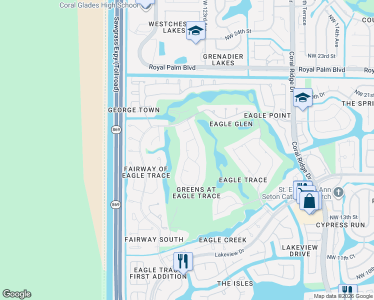 map of restaurants, bars, coffee shops, grocery stores, and more near 1860 Northwest 124th Way in Coral Springs