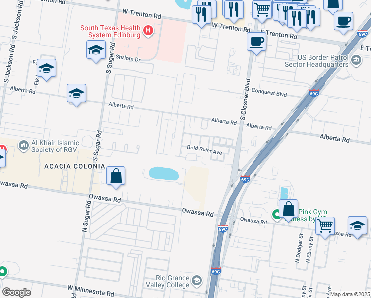 map of restaurants, bars, coffee shops, grocery stores, and more near 5216 Calle Encantada in Edinburg