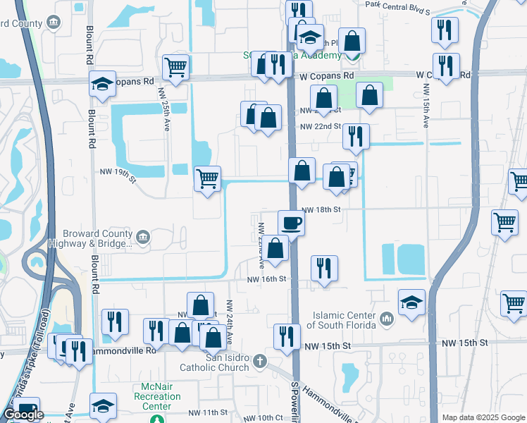 map of restaurants, bars, coffee shops, grocery stores, and more near 2251 Northwest 18th Street in Pompano Beach
