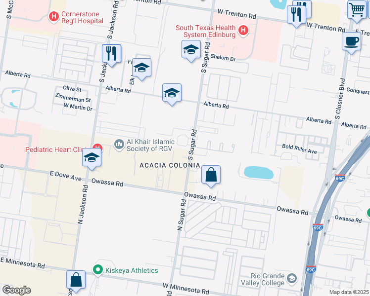 map of restaurants, bars, coffee shops, grocery stores, and more near 5327 Sugar Road in Edinburg