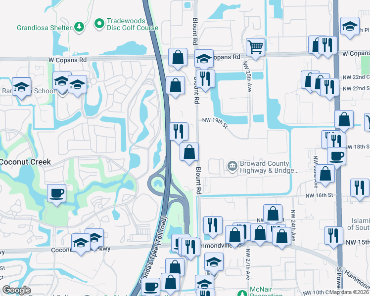 map of restaurants, bars, coffee shops, grocery stores, and more near 1791 Blount Rd in Pompano Beach
