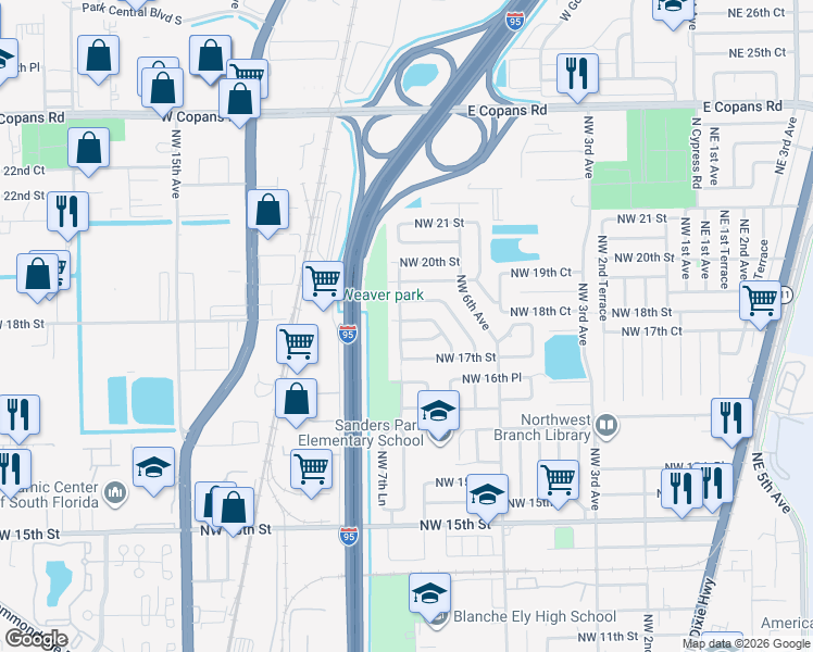 map of restaurants, bars, coffee shops, grocery stores, and more near 750 Northwest 18th Street in Pompano Beach