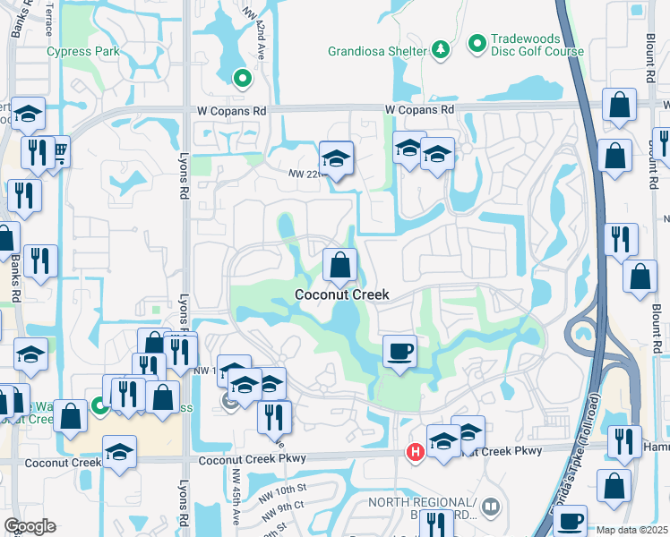map of restaurants, bars, coffee shops, grocery stores, and more near 3201 Portofino Point in Coconut Creek