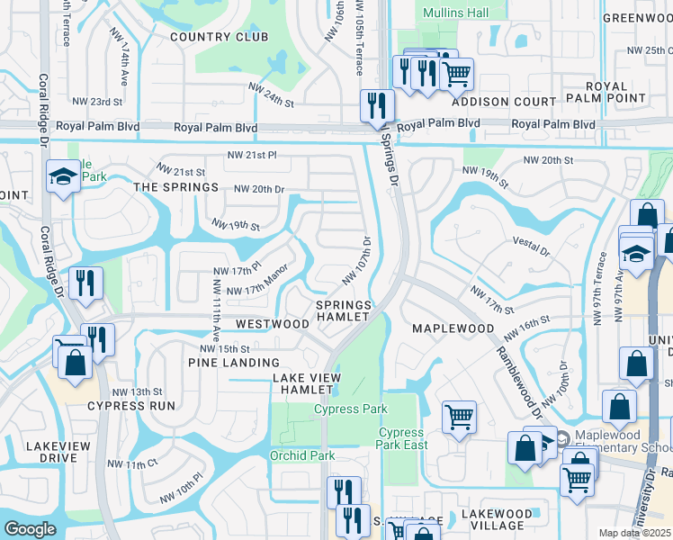 map of restaurants, bars, coffee shops, grocery stores, and more near 10722 Northwest 17th Manor in Coral Springs