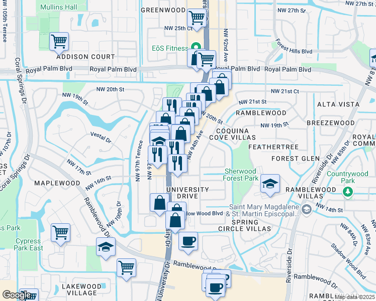 map of restaurants, bars, coffee shops, grocery stores, and more near 1801 Florida 817 in Coral Springs
