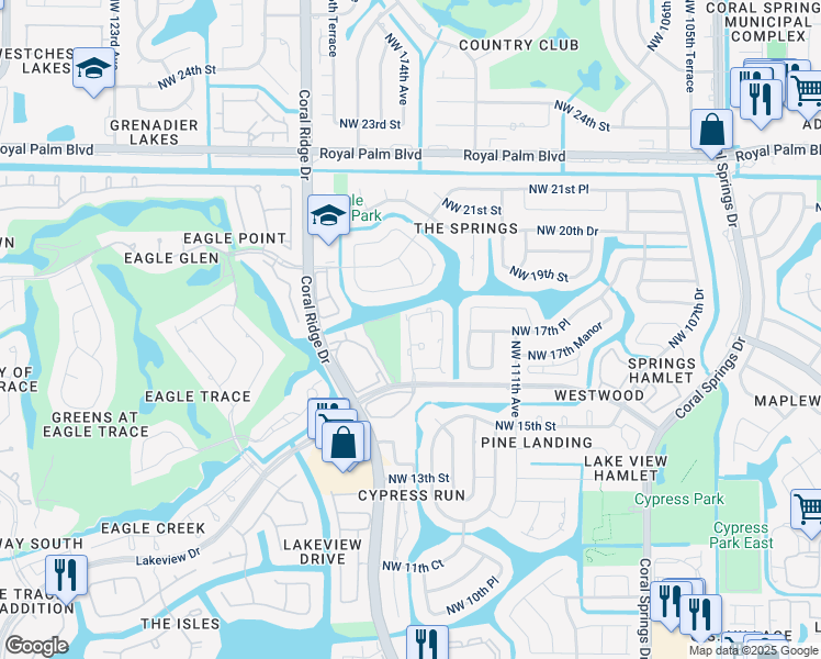 map of restaurants, bars, coffee shops, grocery stores, and more near 11413 Lakeview Drive in Coral Springs