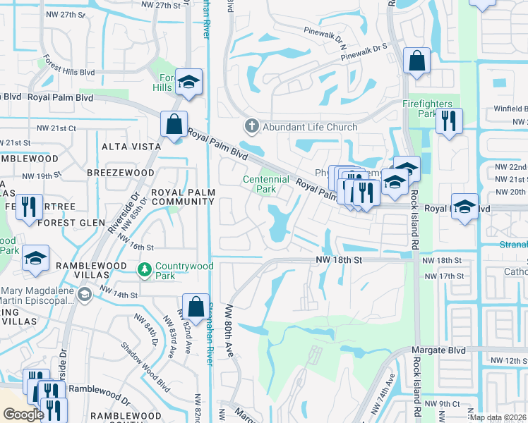 map of restaurants, bars, coffee shops, grocery stores, and more near 1900 Northwest 78th Avenue in Margate