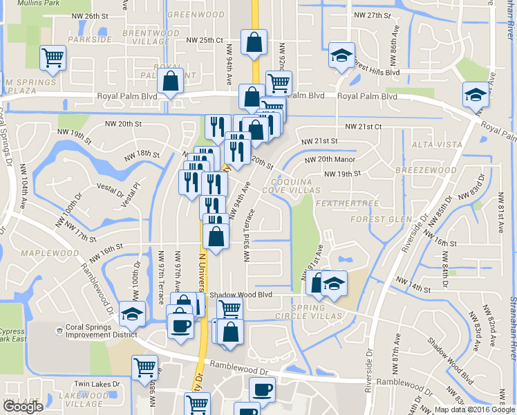 map of restaurants, bars, coffee shops, grocery stores, and more near 1775 Northwest 93rd Terrace in Coral Springs