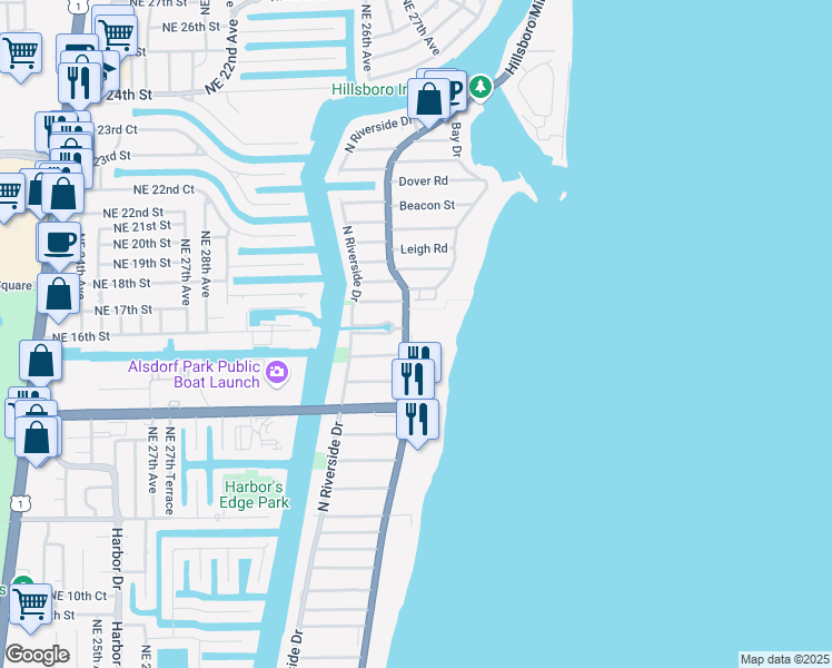 map of restaurants, bars, coffee shops, grocery stores, and more near 1701 Florida A1A in Pompano Beach
