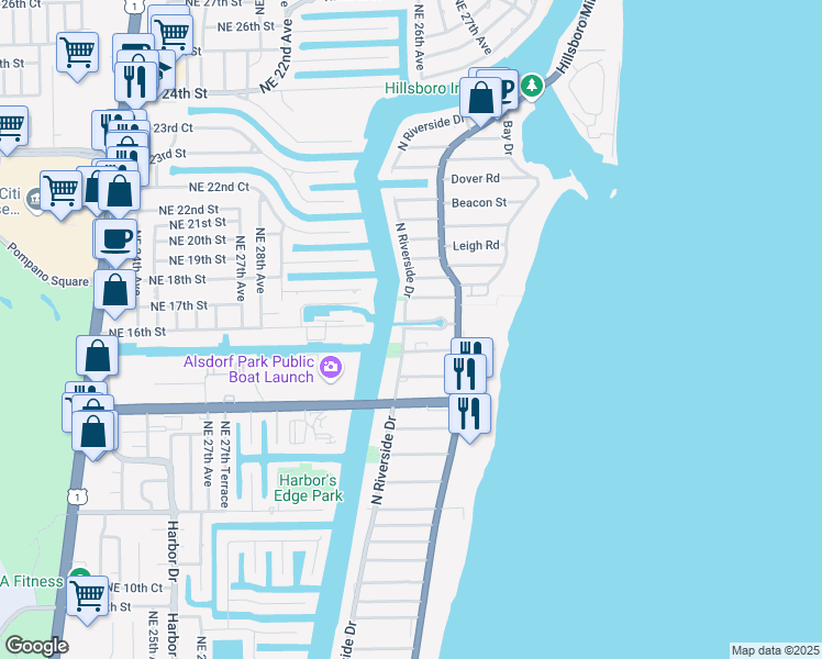 map of restaurants, bars, coffee shops, grocery stores, and more near 3210 Canal Drive in Pompano Beach