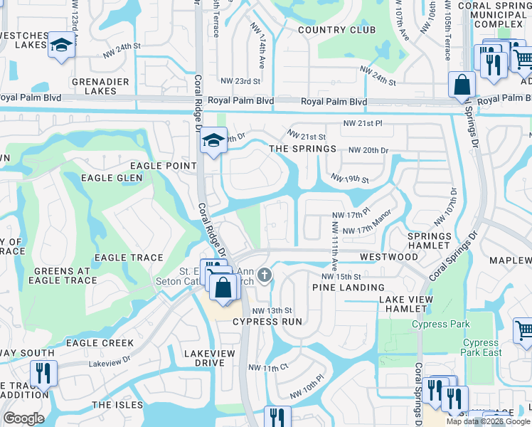 map of restaurants, bars, coffee shops, grocery stores, and more near 11413 Lakeview Drive in Coral Springs