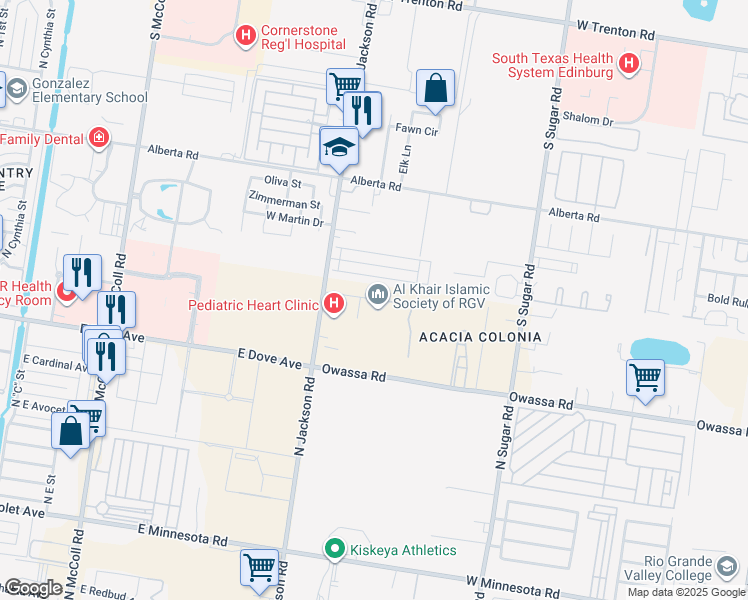 map of restaurants, bars, coffee shops, grocery stores, and more near 1910 Elsham Road in Edinburg
