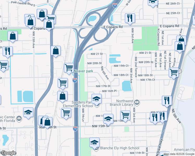 map of restaurants, bars, coffee shops, grocery stores, and more near 1760 Northwest 7th Avenue in Pompano Beach