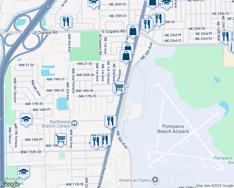 map of restaurants, bars, coffee shops, grocery stores, and more near 201 Northeast 17th Court in Pompano Beach
