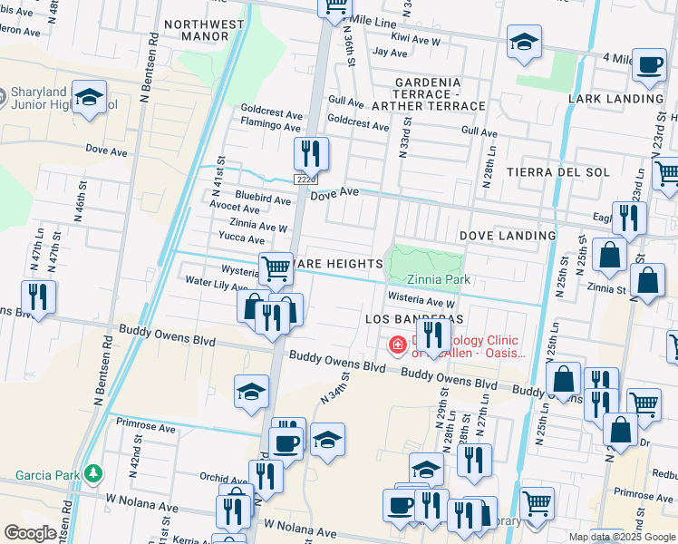 map of restaurants, bars, coffee shops, grocery stores, and more near 3505 Xanthisma Ave in McAllen
