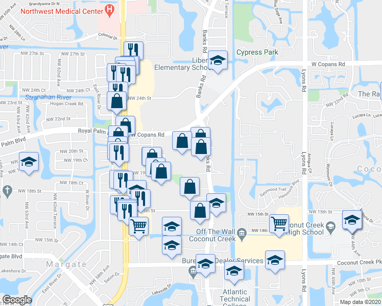 map of restaurants, bars, coffee shops, grocery stores, and more near 1825 Banks Road in Margate