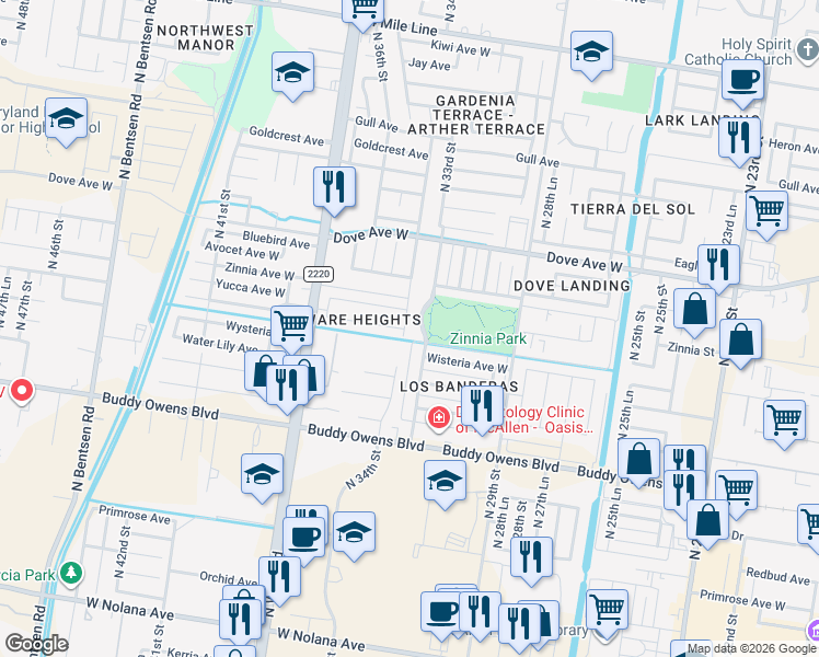 map of restaurants, bars, coffee shops, grocery stores, and more near 5000 North 34th Street in McAllen