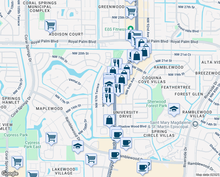 map of restaurants, bars, coffee shops, grocery stores, and more near 1750 North University Drive in Coral Springs