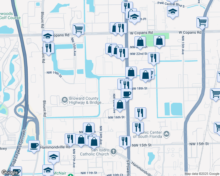 map of restaurants, bars, coffee shops, grocery stores, and more near 2327 Northwest 18th Street in Pompano Beach