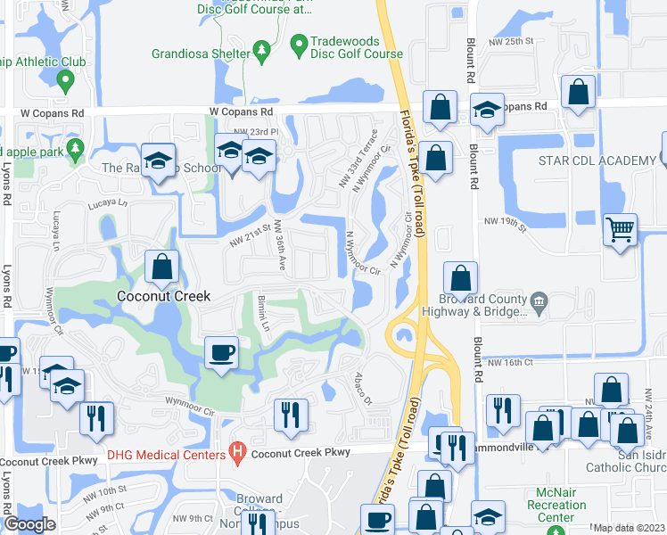 map of restaurants, bars, coffee shops, grocery stores, and more near 1940 Northwest 34th Avenue in Coconut Creek
