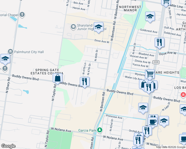 map of restaurants, bars, coffee shops, grocery stores, and more near 4617 Water Lilly Avenue in McAllen