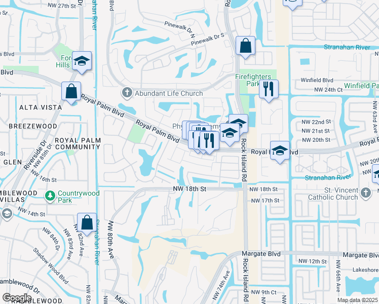 map of restaurants, bars, coffee shops, grocery stores, and more near 7409 Parkside Place in Margate
