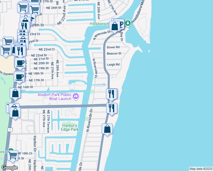 map of restaurants, bars, coffee shops, grocery stores, and more near 1701 Florida A1A in Pompano Beach