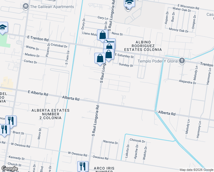 map of restaurants, bars, coffee shops, grocery stores, and more near 4713-4715 S Raul Longoria Rd in Edinburg